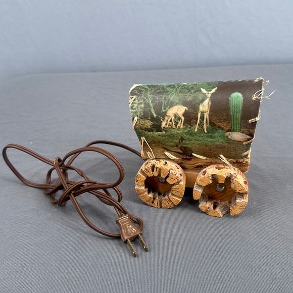 VTG Cholla Cactus Wood Covered Wagon Lamp 5" Rustic Southwest Deer Old West USA - Picture 9 of 16